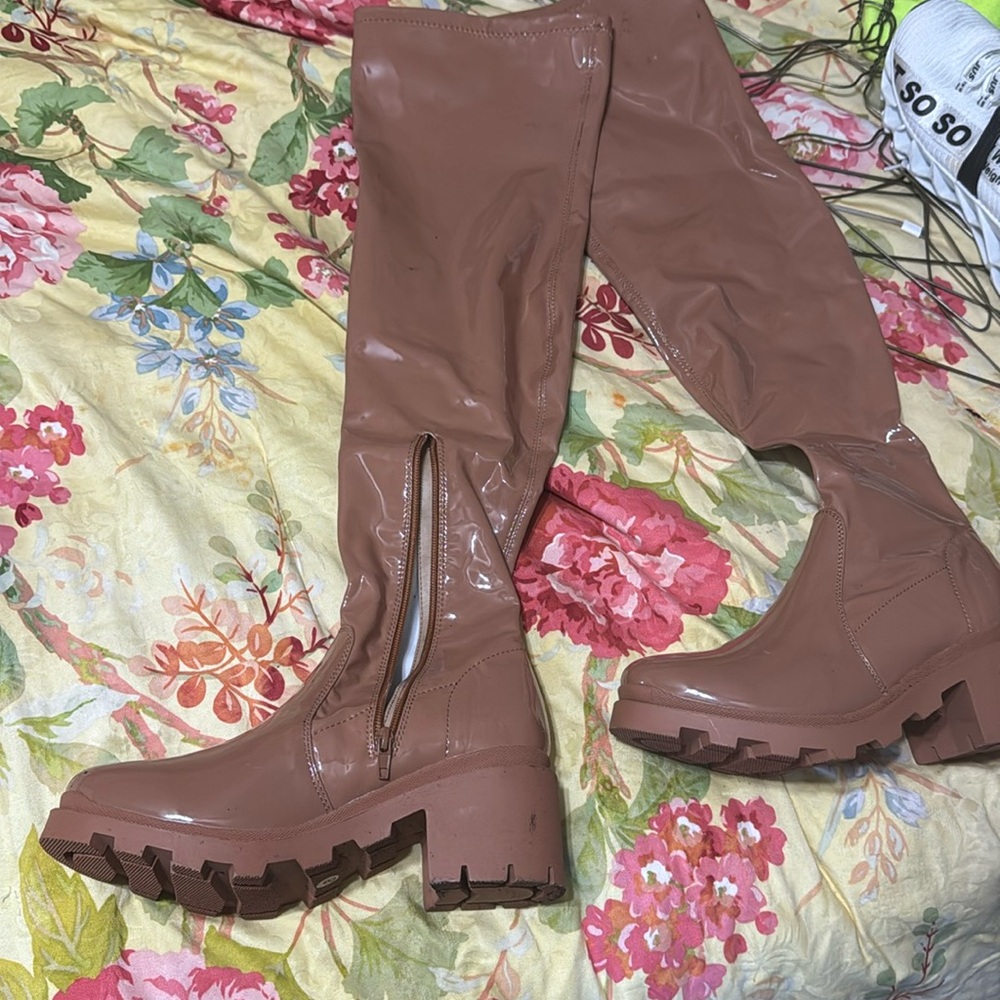 Over-the-Knee Chunky Platform Boots in Mauve Brown